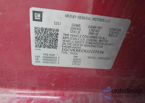 2018 Chevrolet Silverado 1500 1Lt from USA, damaged, VIN 1GCVKREC9JZ177134